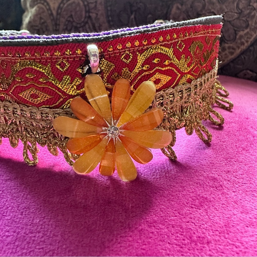 Artisan Orange Flower Pendant Choker Necklace Collar Hippie Boho Metallic Signed